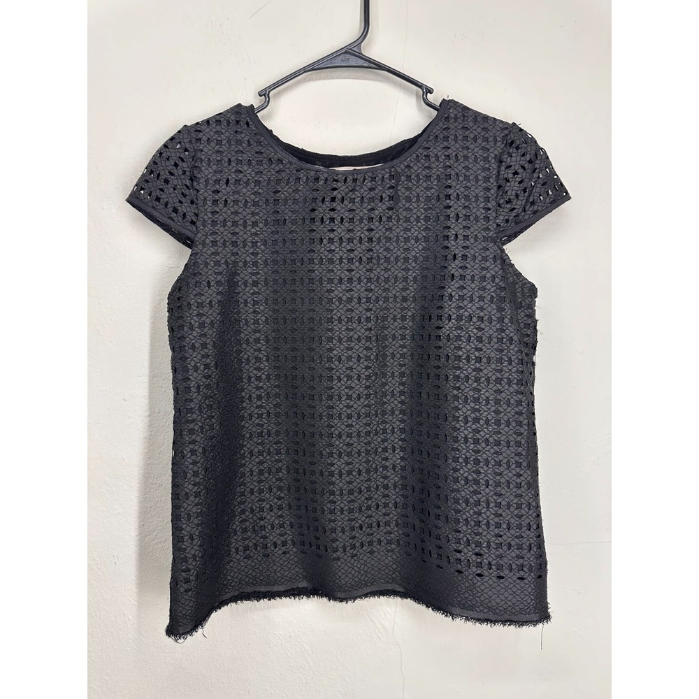 Max Studio Blouse Top Womens SMALL Black Lined Cutout Laser Cap Sleeve Textured
